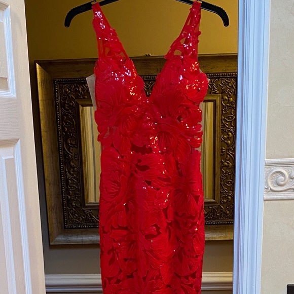 Red Jovani Lace Long Prom Dress - Picture 6 of 8